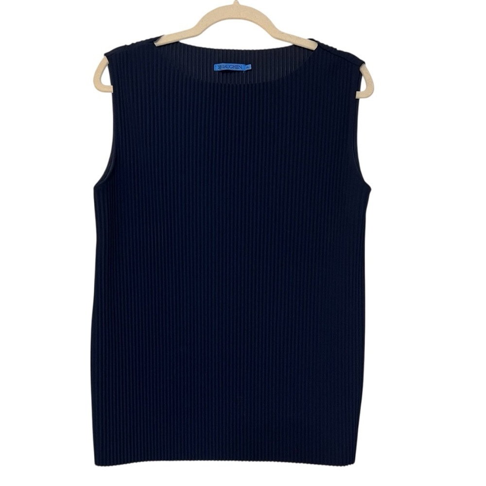 J McLaughlin Pleated Boatneck Sleeveless Blouse Navy Blue XL Modest Chic